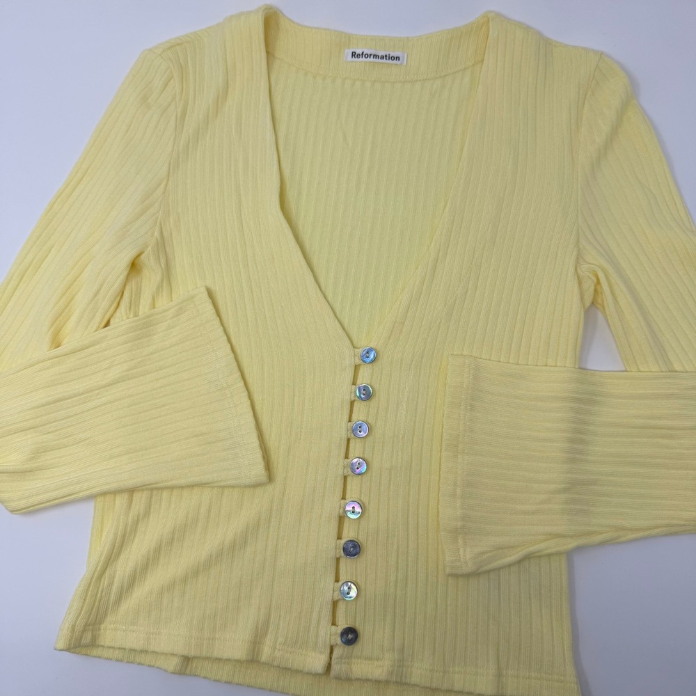 Reformation Gellar Yellow Ribbed Knit V-Neck Button Front Cardigan Top Small